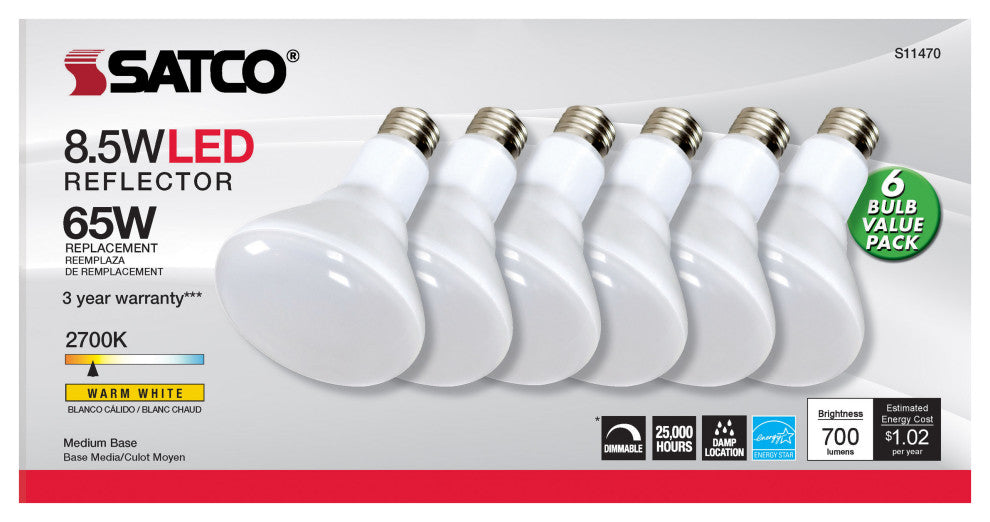 8.5W, BR30 LED, 2700K, 80 CRI, Medium Base, 120Vs, Dimmable, 6-Pack