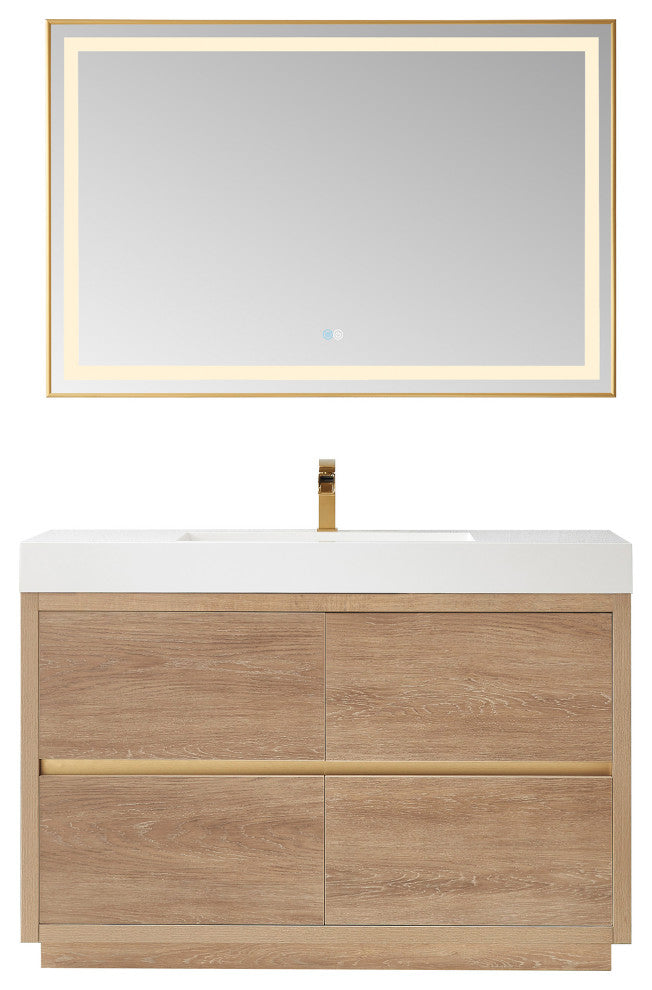Huesca Bath Vanity, Integrated Sink Top, North American Oak, 48", With Mirror
