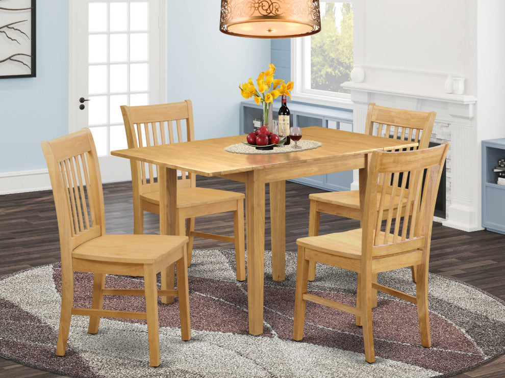 5Pc Dinette Set For Small Spaces, Table, 4 Chairs, Asian Hardwood Seat, Oak
