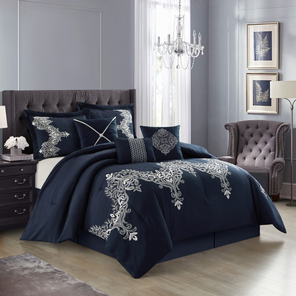 Diona Damask 7 Piece Comforter Set, Navy , Queen