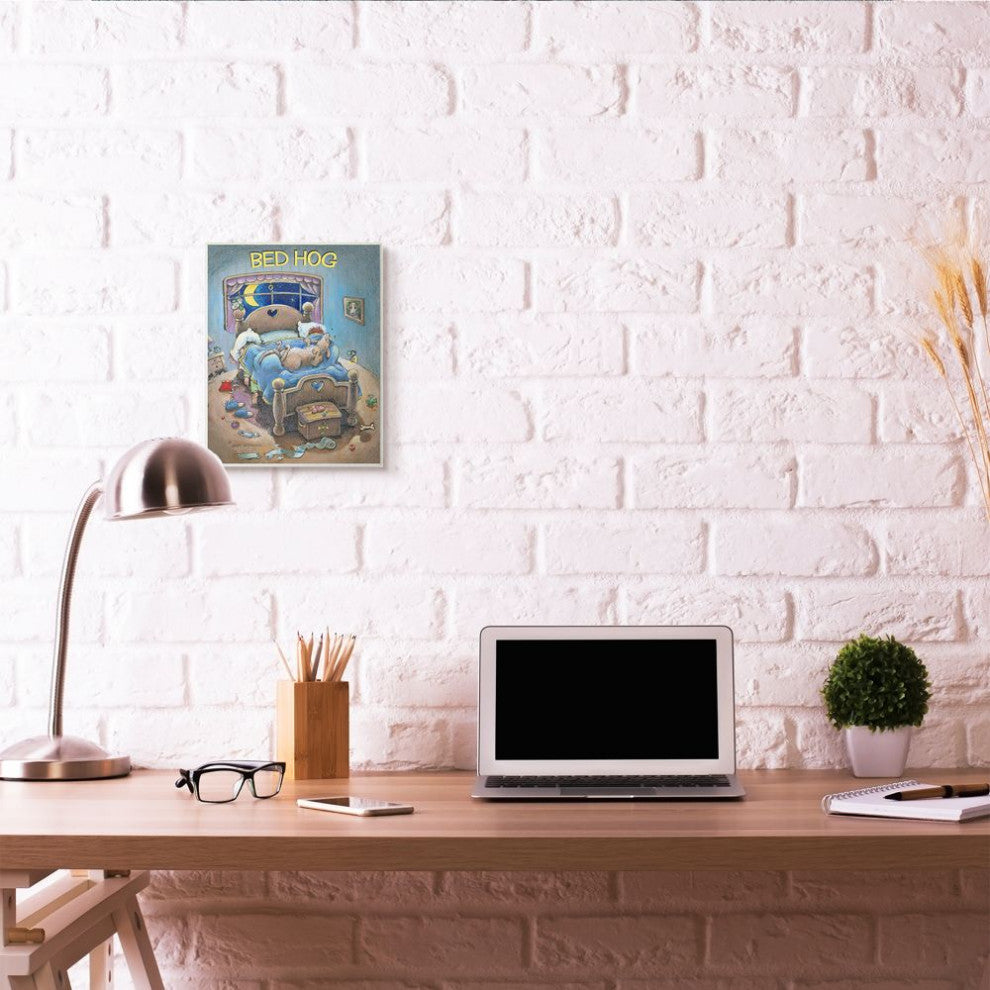 Stupell Industries Bed Hog Funny Pet Dog Cartoon Design, 10"x15", Wood Wall Art