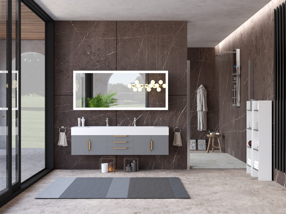 CastelloUSA Alpine 72" Wall Mounted Vanity, Base Only, Gray, Gold Handles