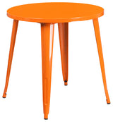 30" Round Orange Metal 3-Piece Table Set With 2 Vertical Slat Back Chairs