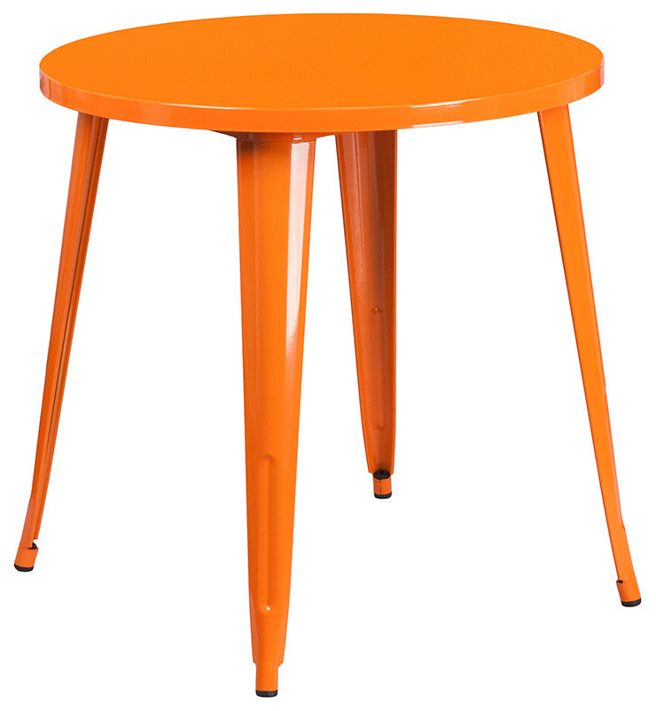 30" Round Orange Metal 3-Piece Table Set With 2 Vertical Slat Back Chairs