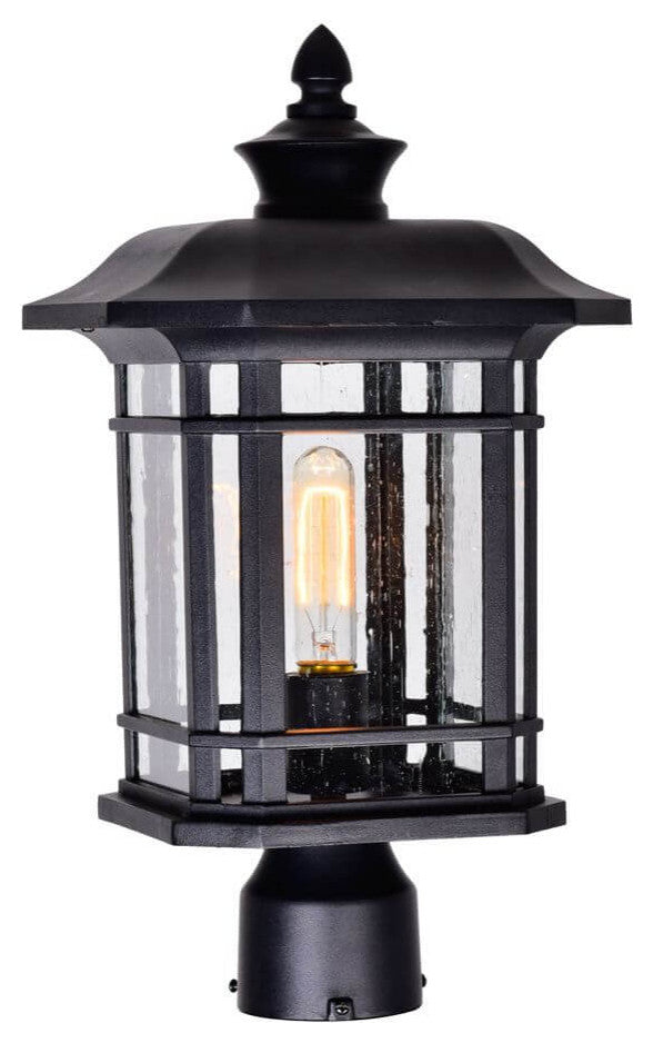 1 Light 18" Tall Outdoor Post Lantern, Black With Water Glass