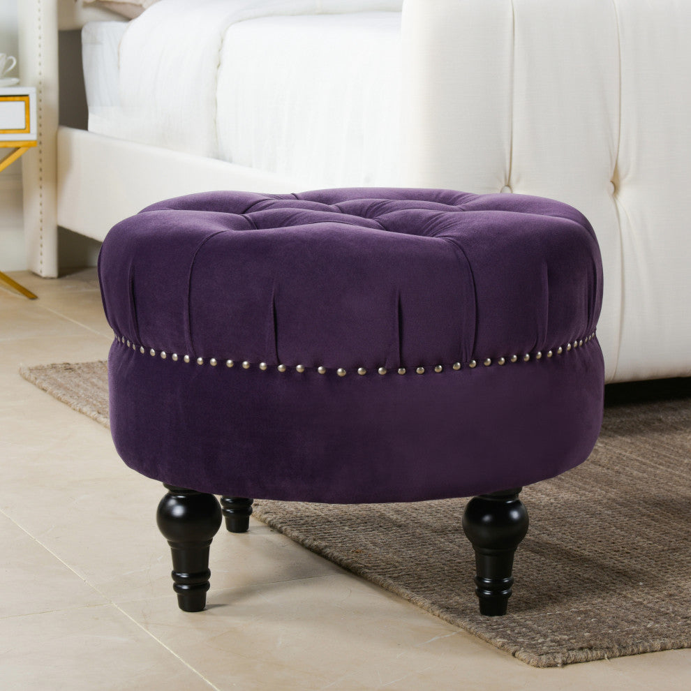 La Rosa Tufted Round Ottoman, Purple Velvet