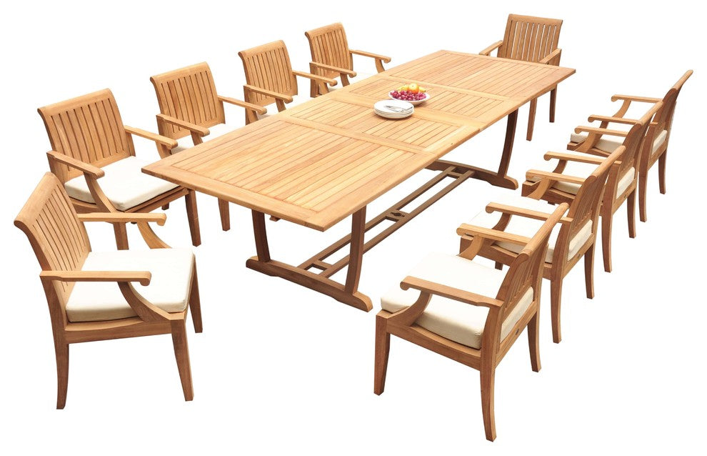 11-Piece Outdoor Teak Dining Set: 117" Masc Rectangle Table, 10 Lagos Arm Chairs