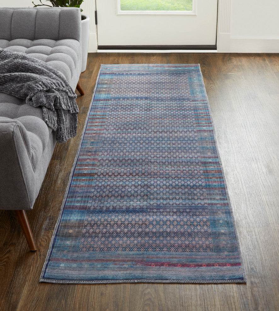Welch Oriental Machine Washable Aqua Blue Rug, 2'7"x8' Runner