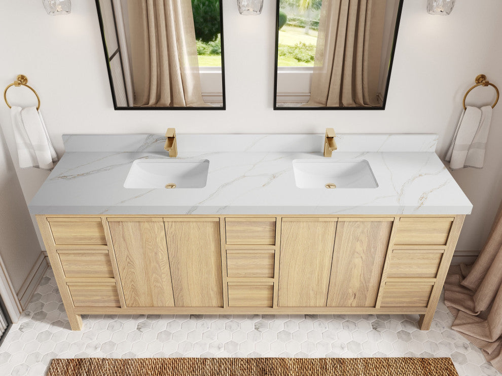Elizabeth Oak 84" Double Sink Vanity, White 2" Calacatta Sienna