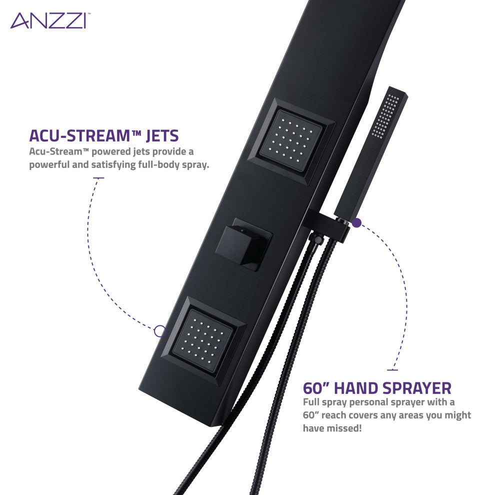 Aura 2-Jetted Shower Panel With Heavy Rain Shower and Spray Wand, Matte Black
