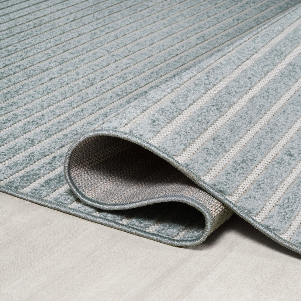Aarhus High-Low Scandi Striped Blue/Ivory 8 ft x 10 ft Indoor/Outdoor Area Rug