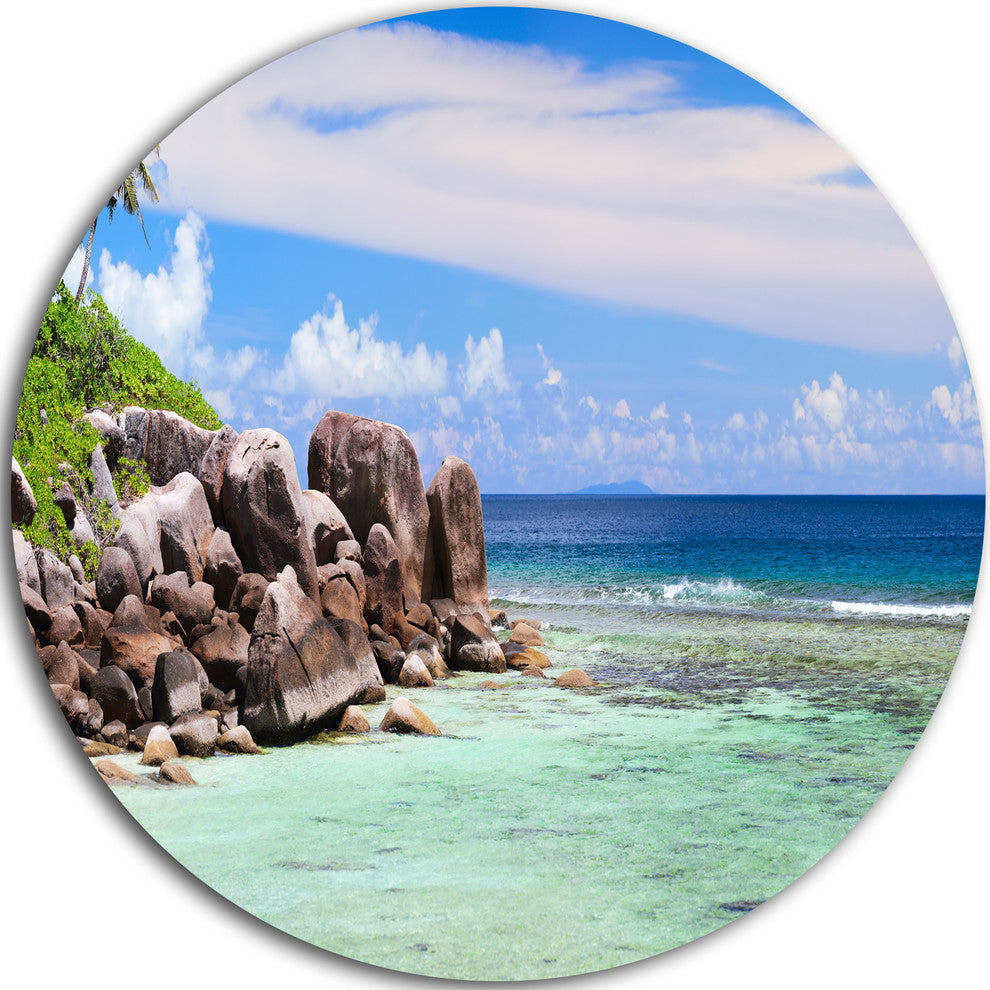 Beautiful Seychelles Rocky Coast, Landscape Disc Metal Wall Art, 23"