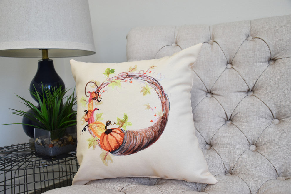 16" Cornicopia Wreath Light Yellow Fall Print Decorative Throw Pillow