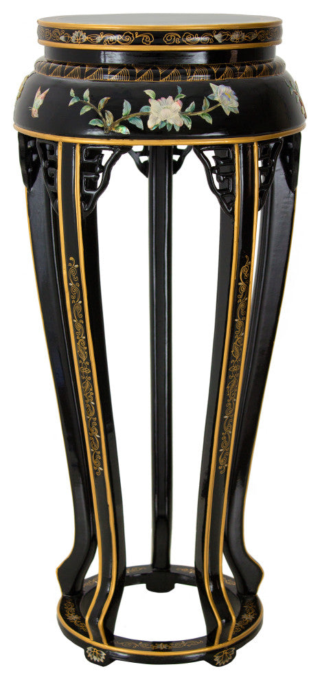 36" Lacquer Plant Stand, Black Mother of Pearl Ladies