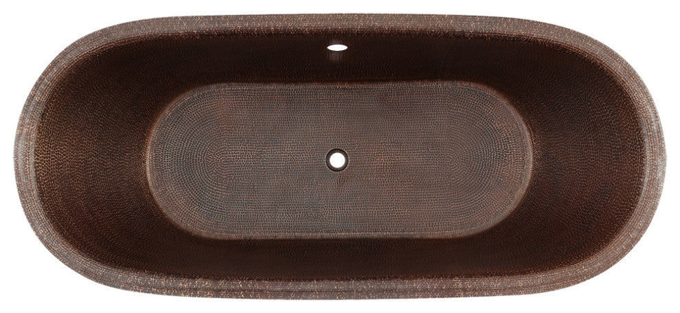 72" Hammered Copper Modern Style Bathtub, Overflow Holes & Drain Package