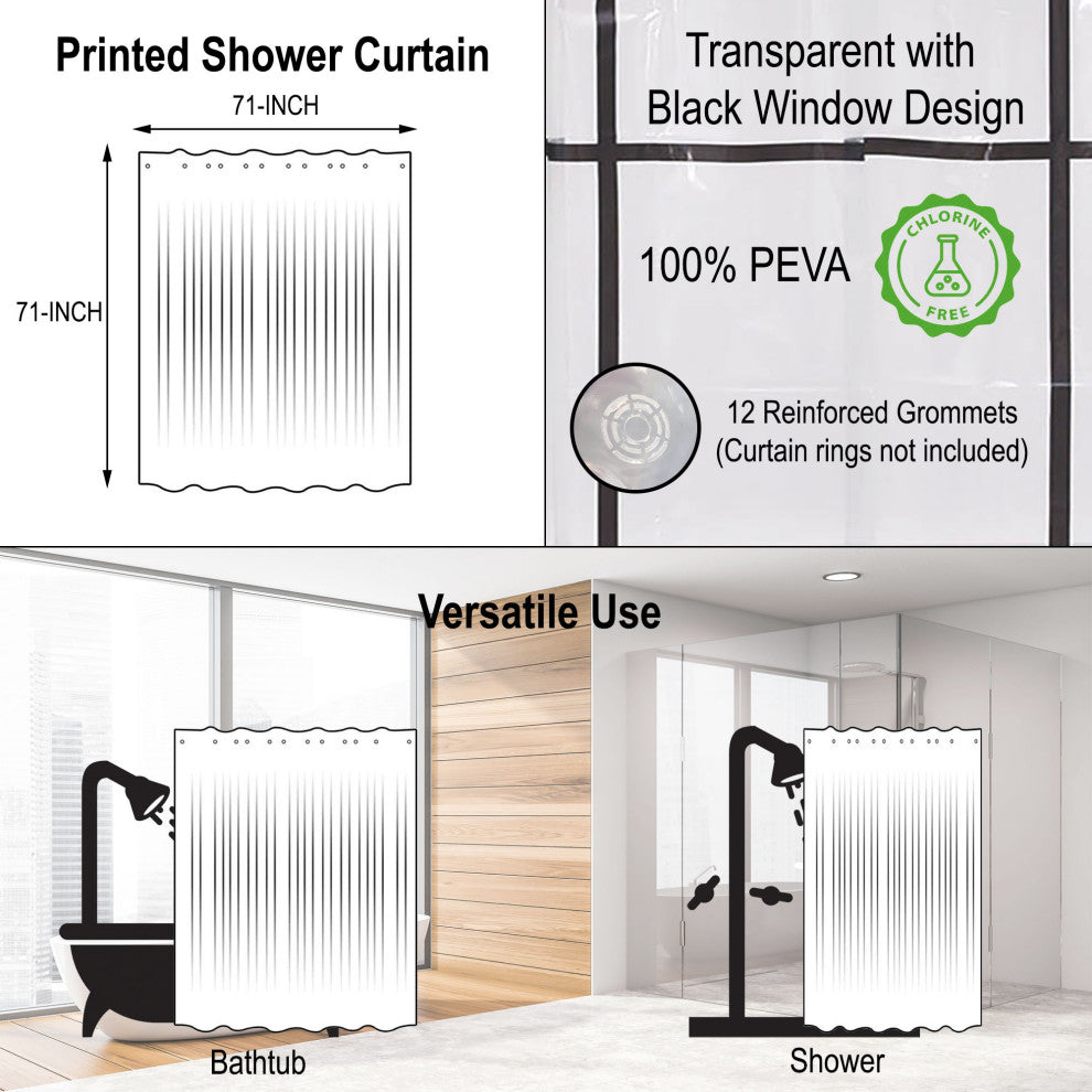 Transparent PEVA Shower Curtain Printed Design 71"x71", Black Window
