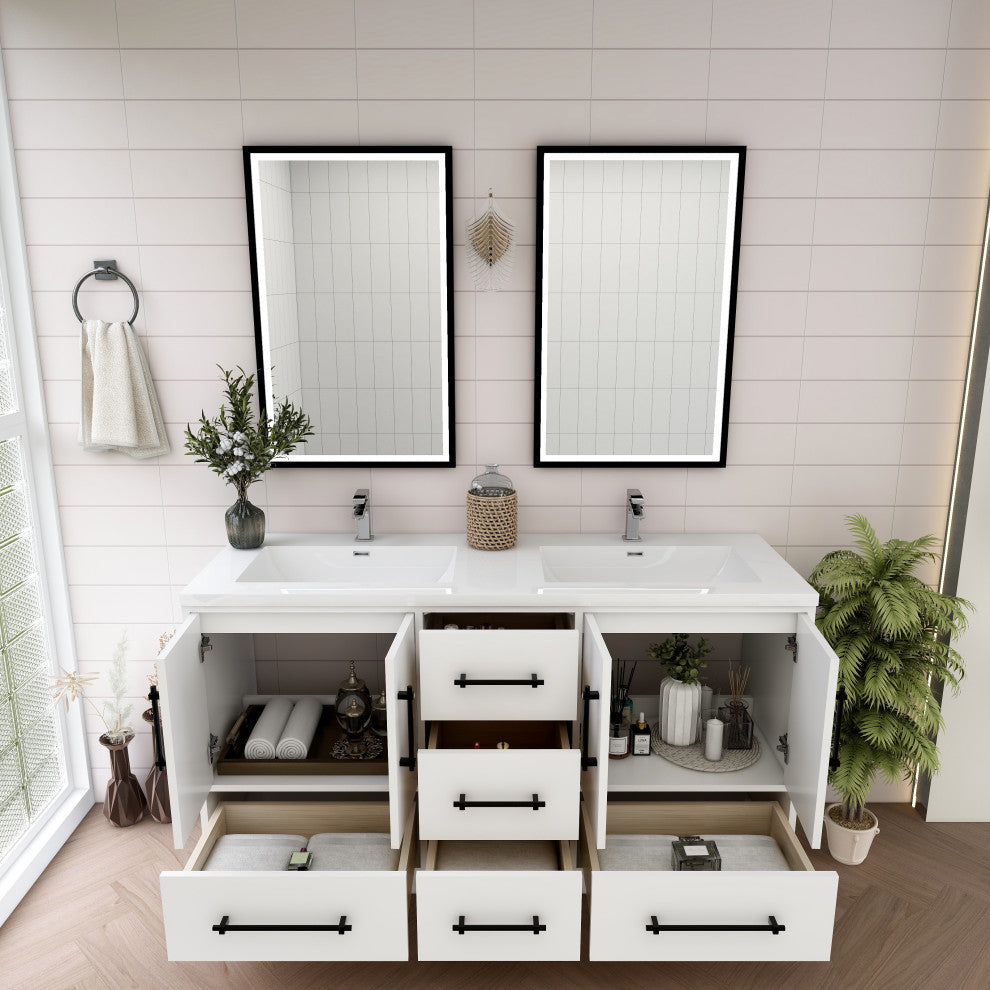 Victoria 60" Solid Wood Bath Vanity, Double Sink, Glossy White