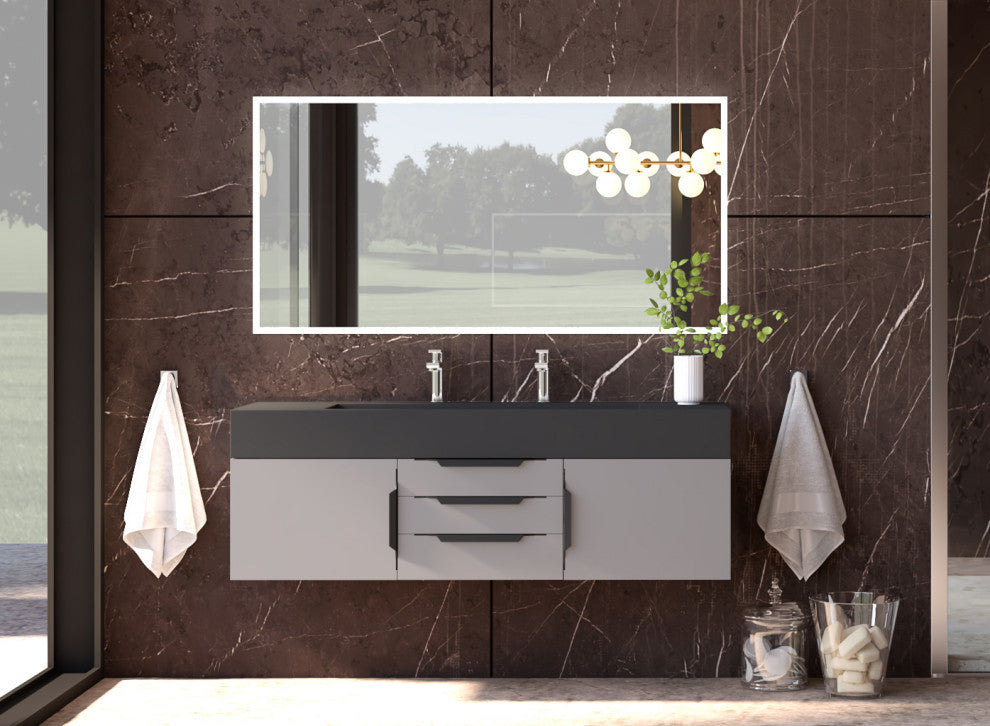 CastelloUSA Nile 60" Wall Mounted Vanity Set, Gray, Black Top, Black Handles