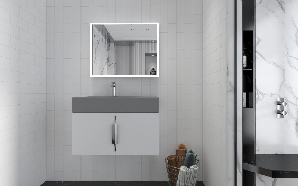 CastelloUSA Amazon 30" Left Wall Mounted Bathroom Vanity Set, White, Gray Top, Chrome Handles
