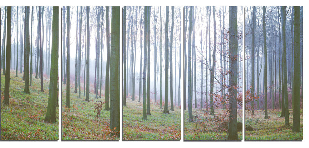 "Autumn Tree Trunks Panorama" Oversized Forest Canvas Artwork, 5 Panels, 60"x28"