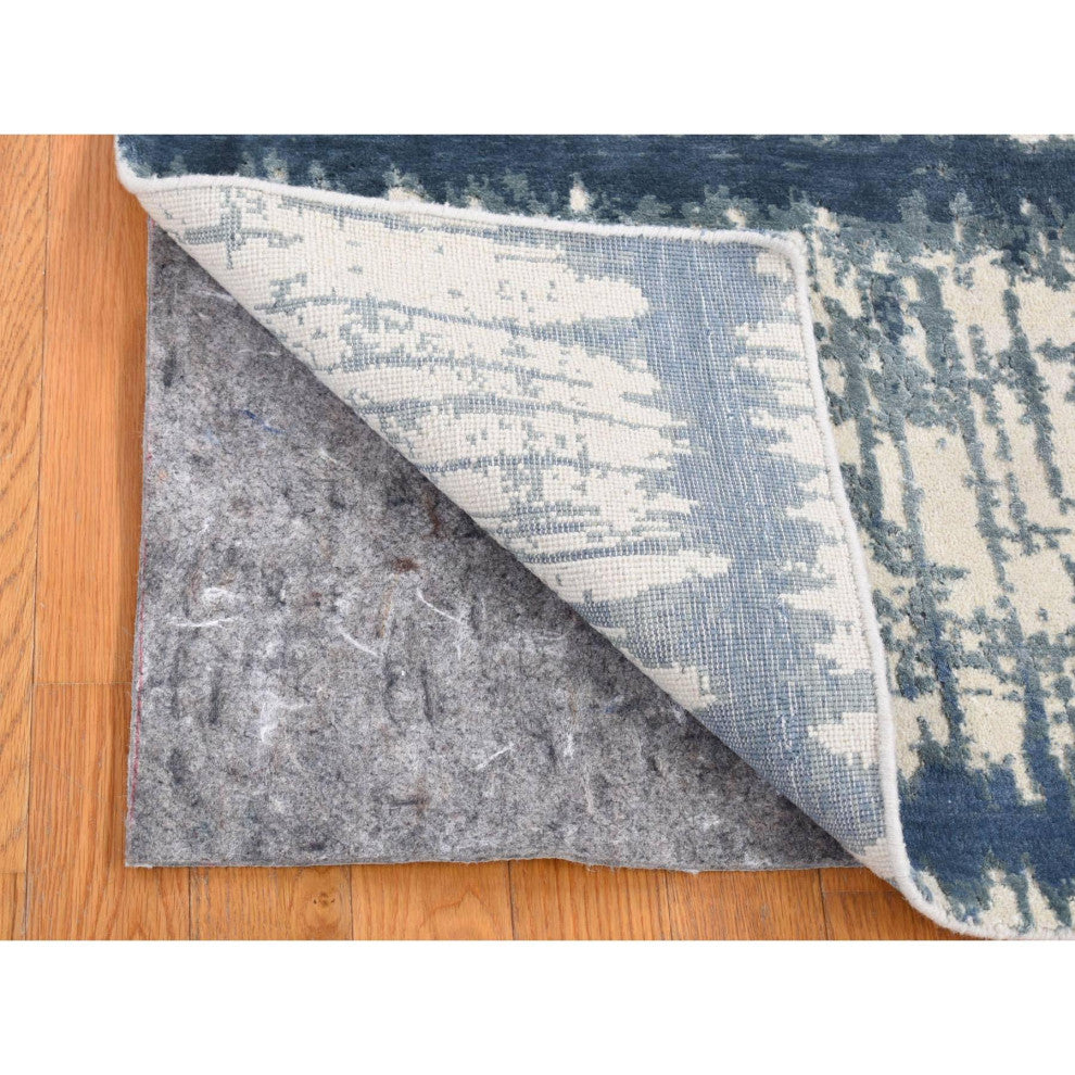 Ivory/Blue Cardiac Design Silk With Textured Wool Hand Knotted Mat Rug 2'1"x3'1"