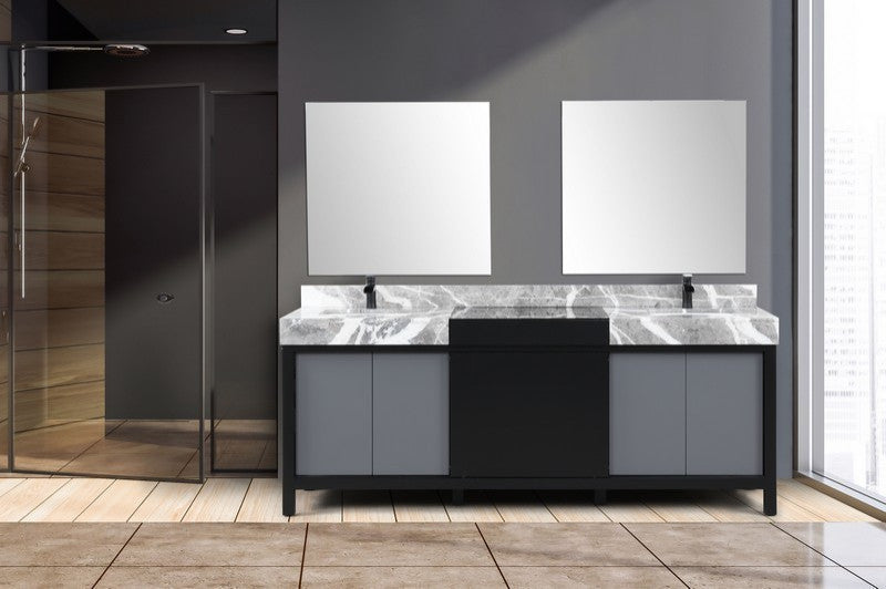 Zilara Black and Grey 84" Double Vanity Set, Cascata Nera Matte Black Faucet Set