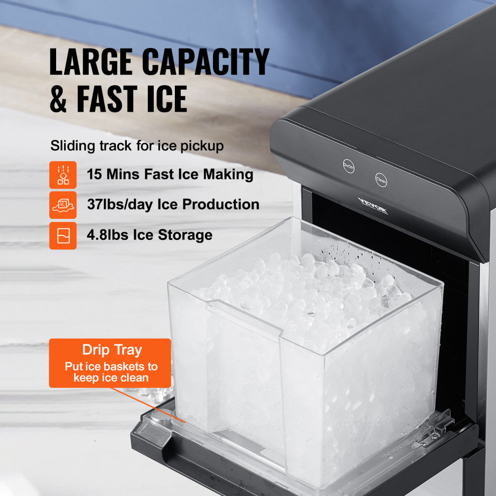 VEVOR Nugget Ice Maker Countertop 37Lbs/24H Portable Ice Cube Machine Self-Clean