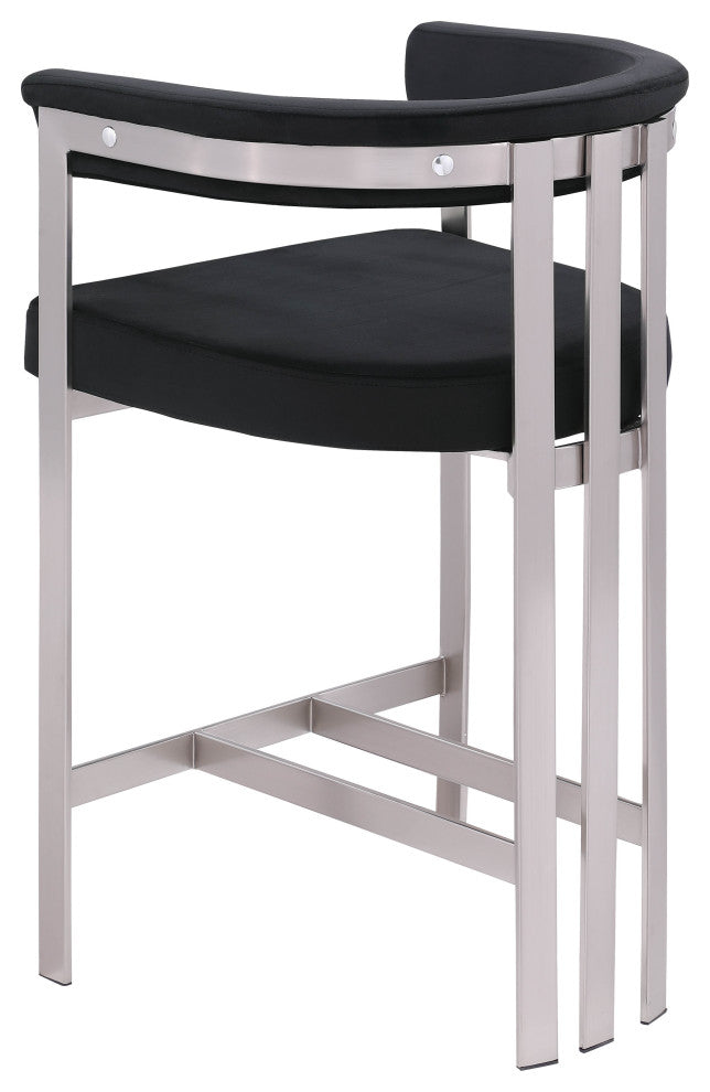 Marcello Upholstered Counter Stool, Black, Velvet, Brushed Chrome
