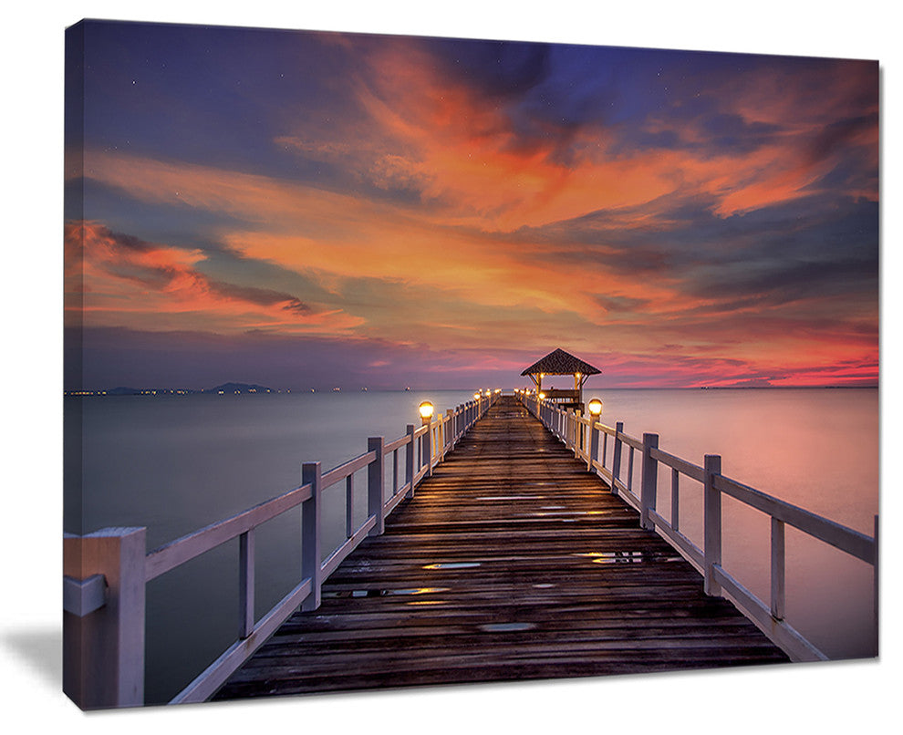 "Dark Seashore Pier Under Colorful Sky" Sea Pier Wall Art Canvas Print, 40"x30"