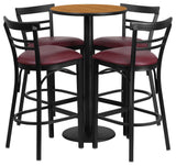 24" Round Natural Laminate Table Set With 4 Ladder Back Metal Barstools