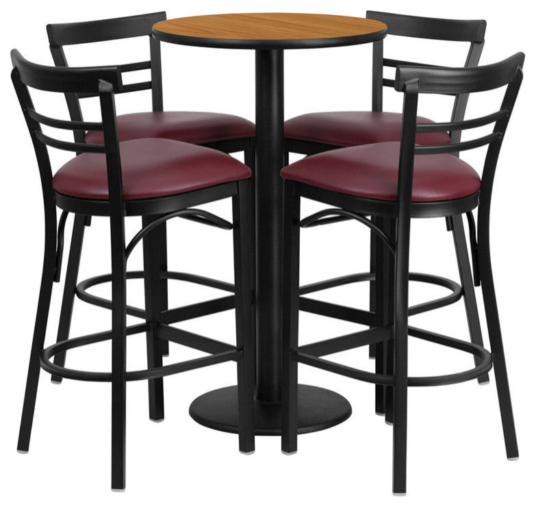 24" Round Natural Laminate Table Set With 4 Ladder Back Metal Barstools