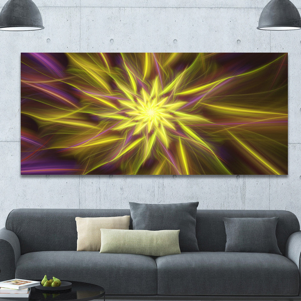 Shining Golden Exotic Fractal Flower, Large Floral Canvas Art Print, 60"x28"