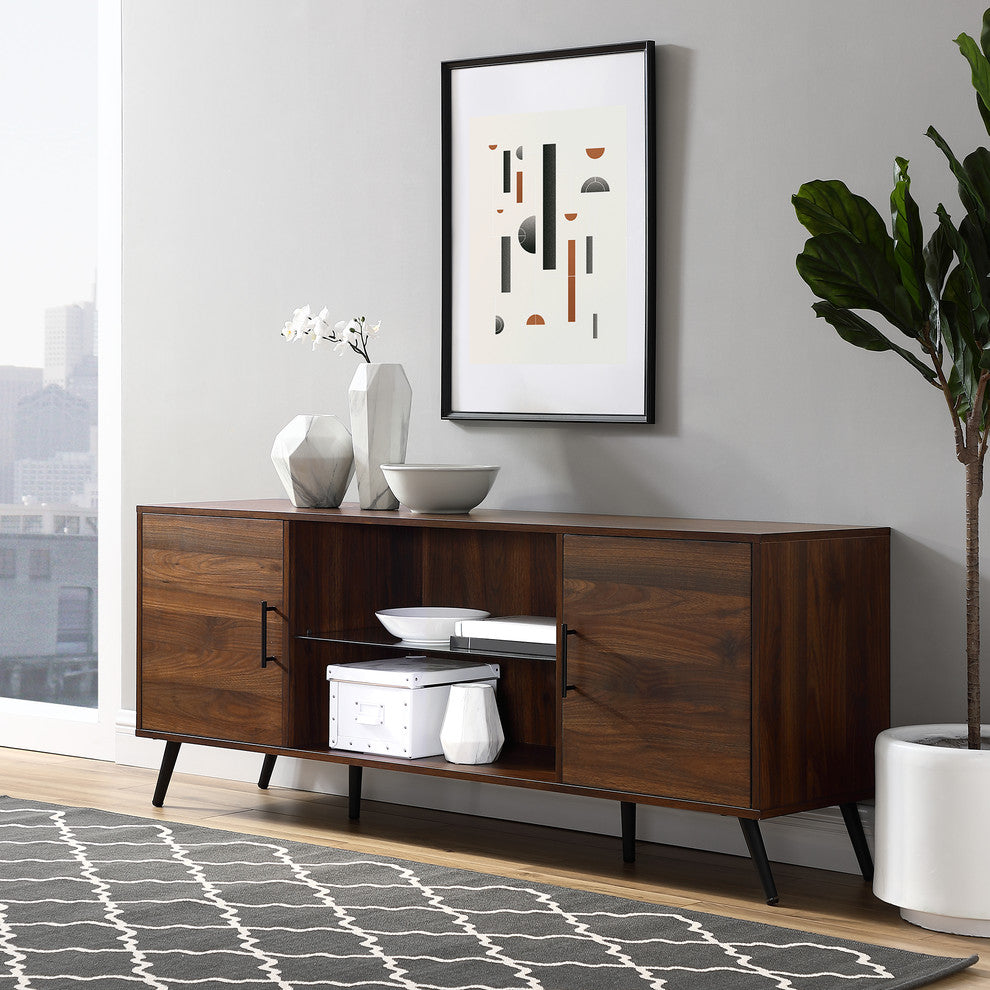 60" Midcentury Modern 2-Door TV Stand Media Console, Dark Walnut