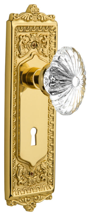 Egg & Dart Plate With Oval Fluted Crystal Knob, Polished Brass