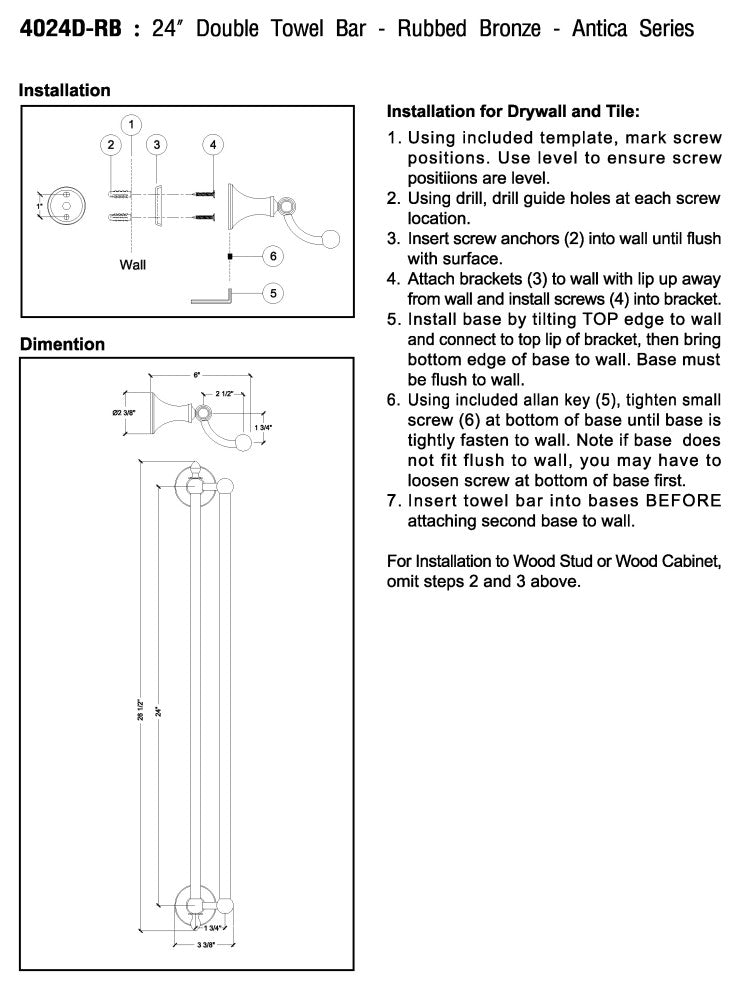 MODONA's 24" Double Towel Bar Antica Series -, Rubbed Bronze