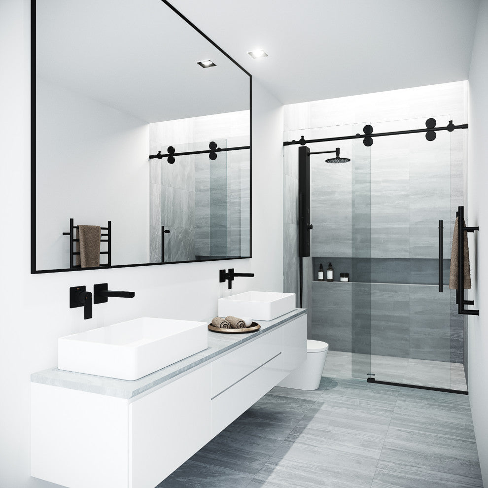 VIGO Elan 56" to 60" W x 74" H Frameless Sliding Shower Door, Matte Black, Clear Glass