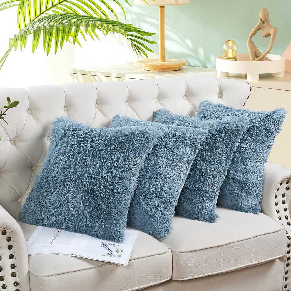 Shaggy Faux Fur Pillow Cover, Silver Blue, Set of 4, 20"x20"