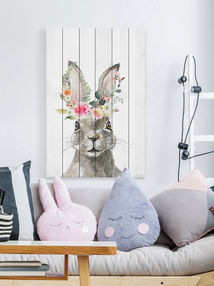 "Floral Crowned Hare" Painting Print on White Wood, 8x12