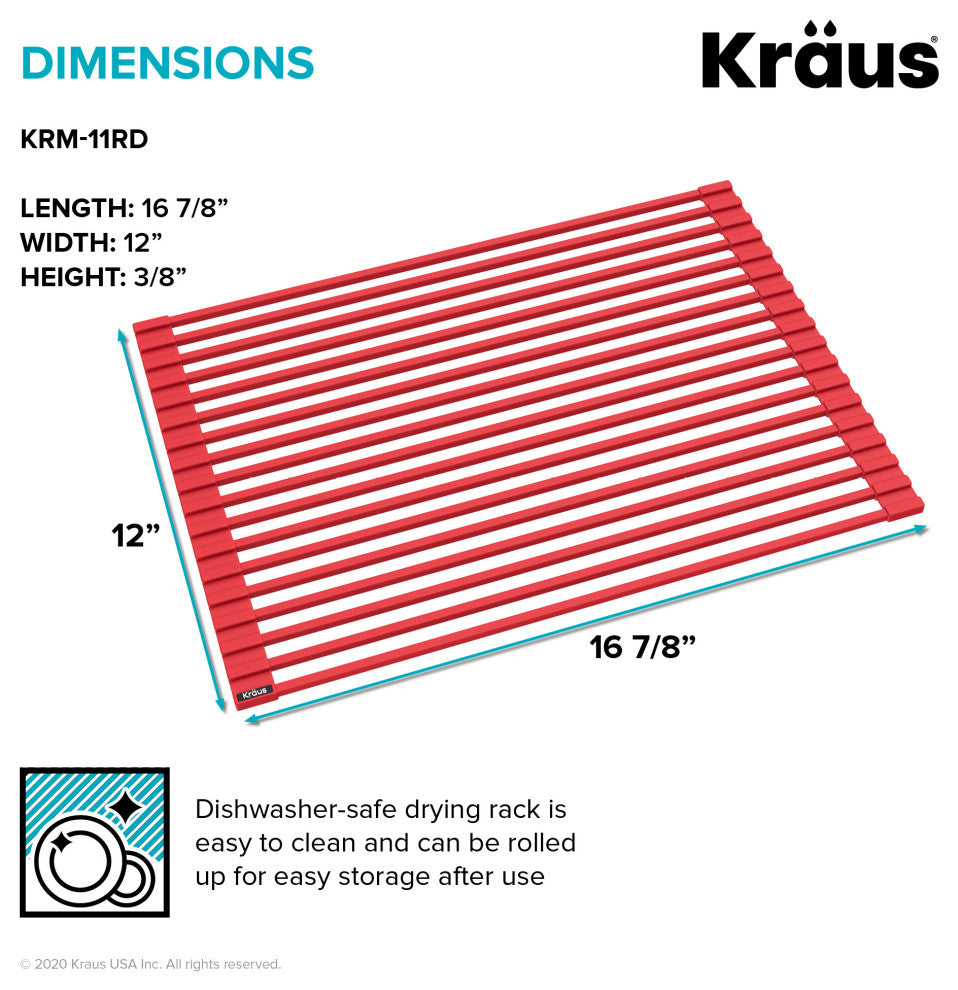 Kraus KRM-11RD Multipurpose Workstation Sink Roll-Up Dish Drying Rack, Red