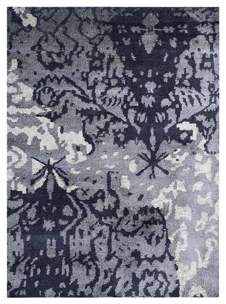 Hand Knotted Silk Area Rug Abstract Gray White
