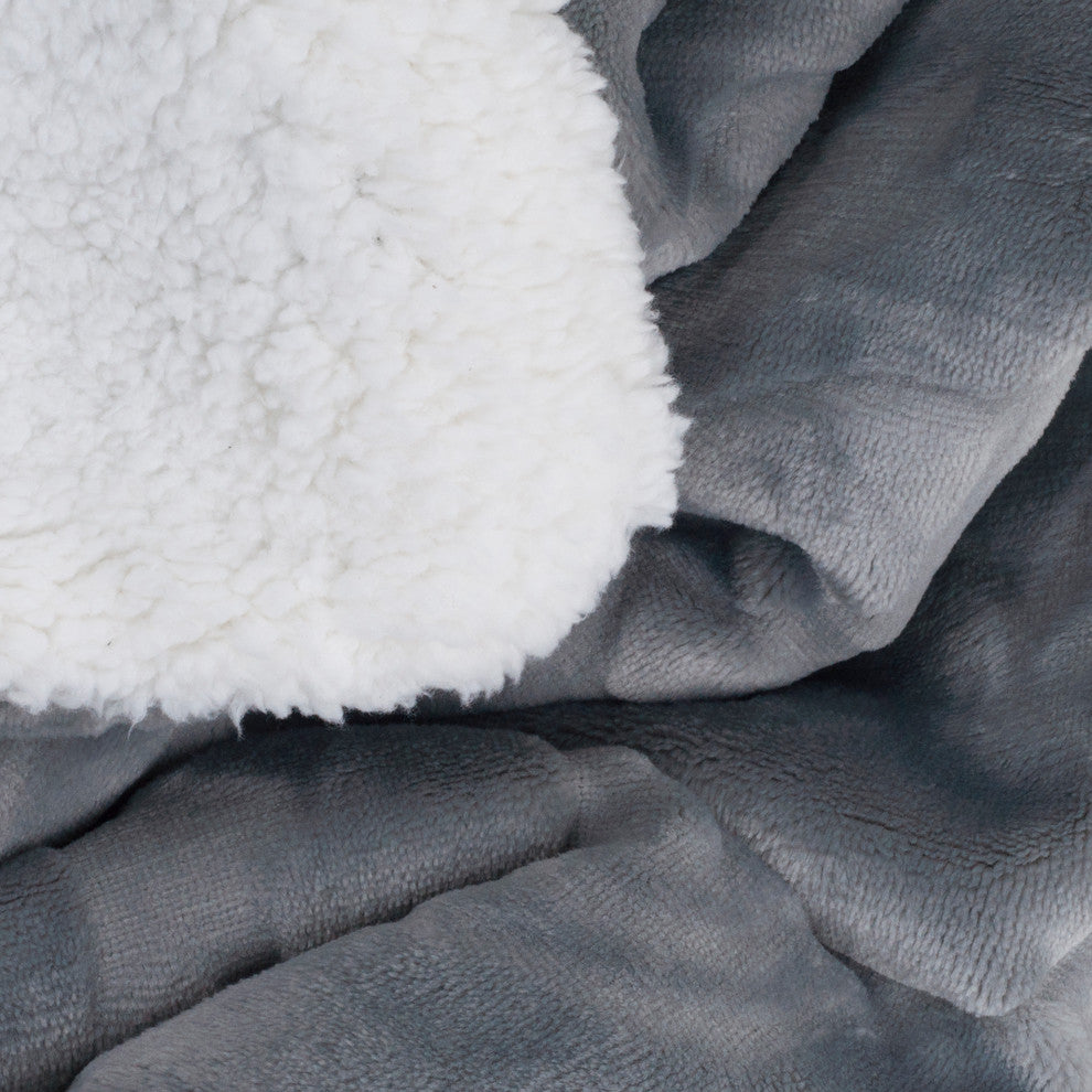 Floral Etched Fleece Blanket with Sherpa Backing, King, Gray