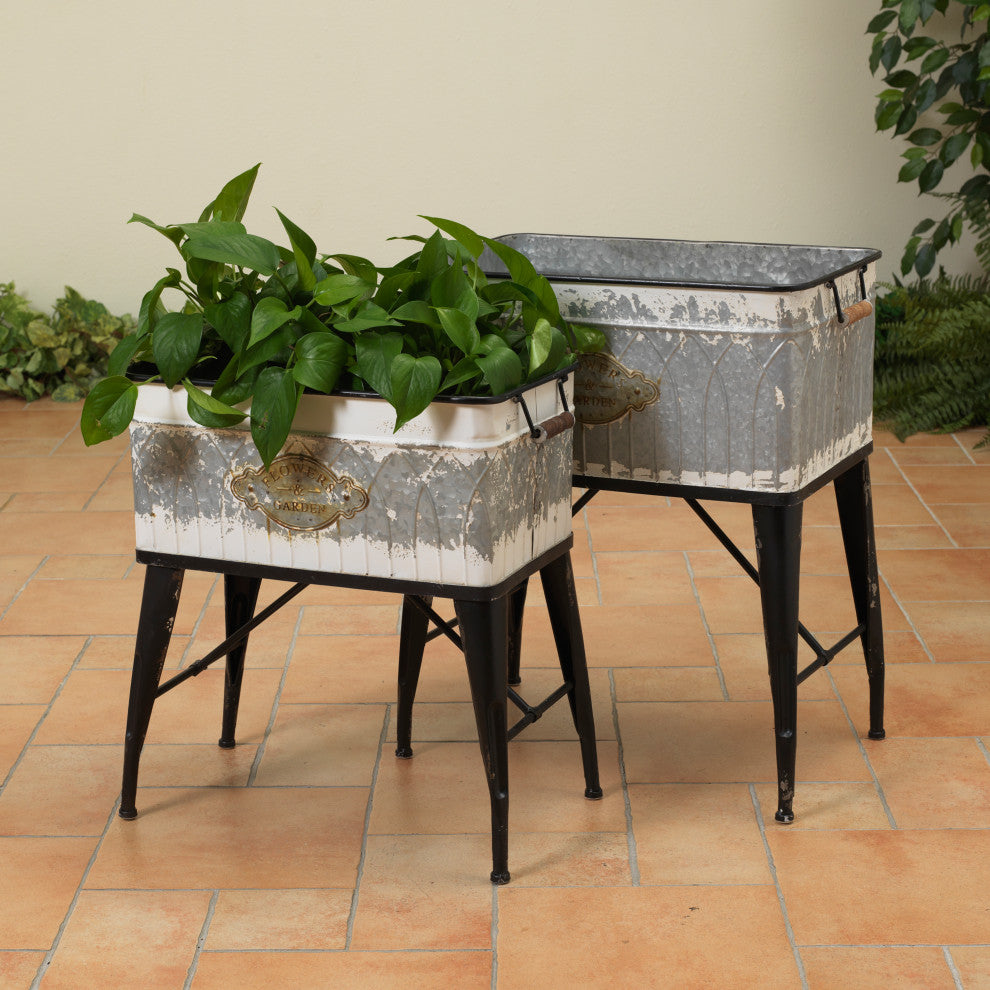Set of 2, Assorted Metal Planters, Stand