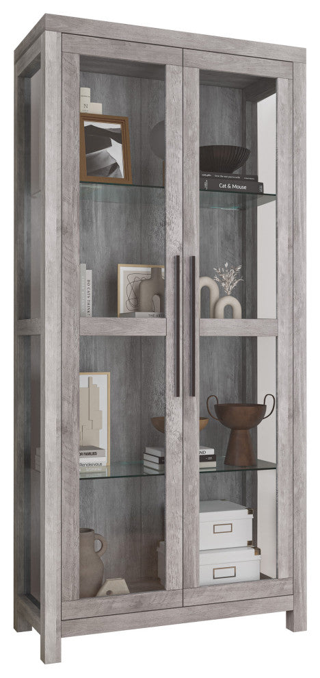Curio Storage Cabinet with Tempered Glass Doors, Display Cabinet, Gray Wash