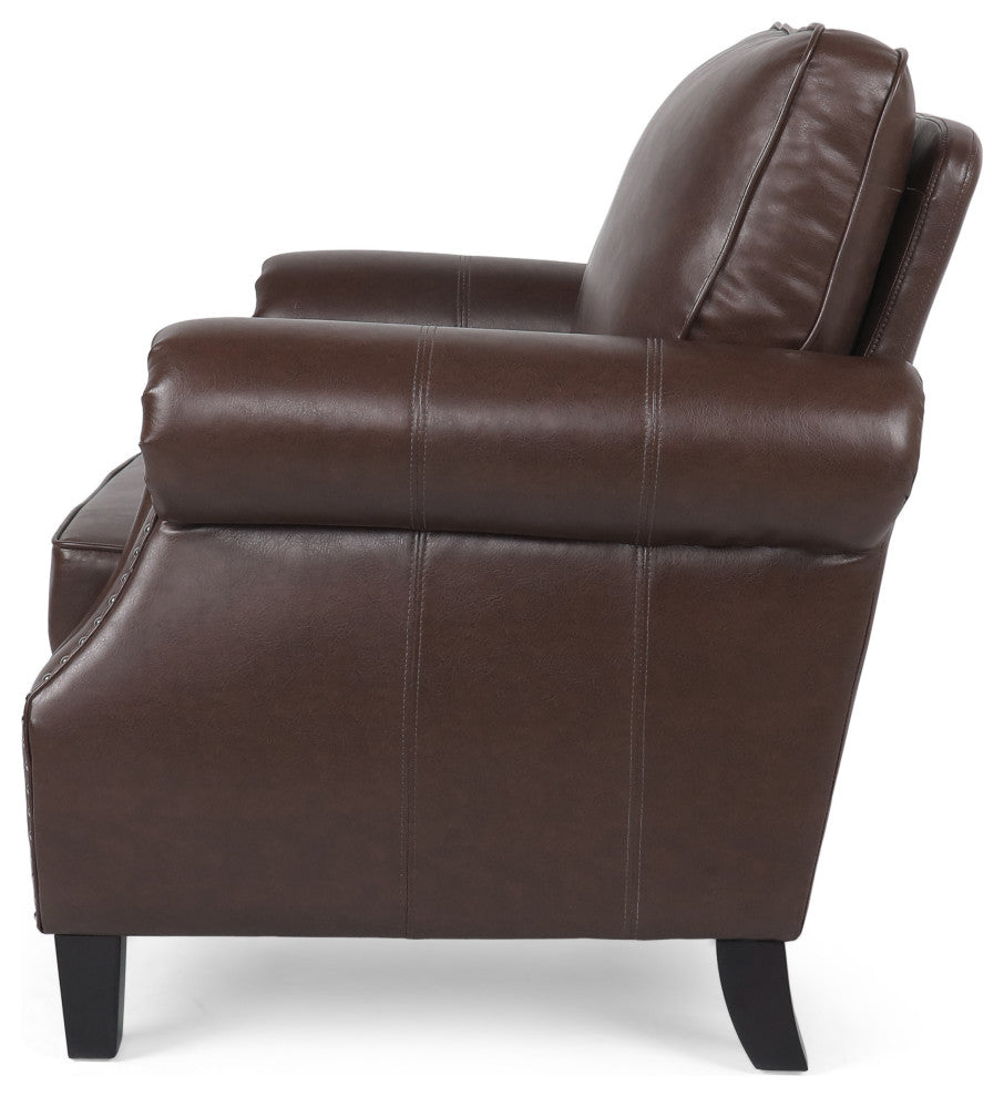 Burkehaven Contemporary Faux Leather Club Chair With Nailhead Trim, Dark Brown