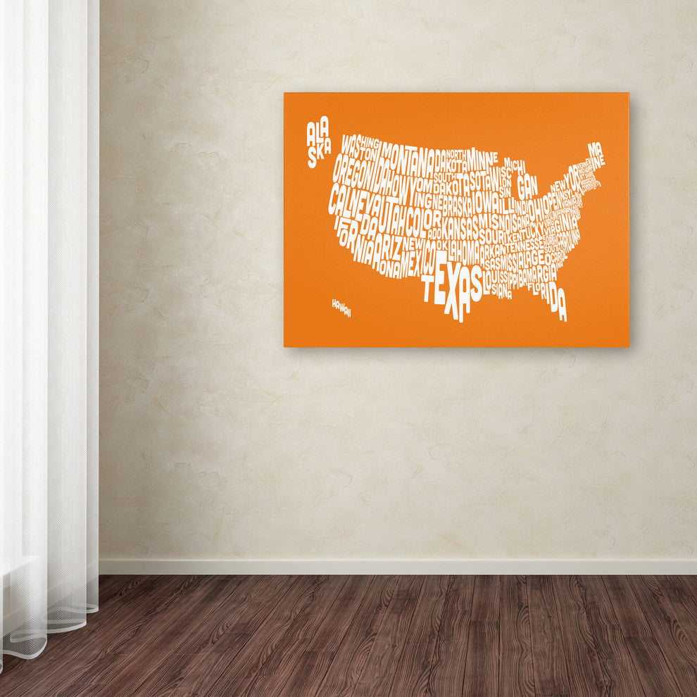 'USA States Text Map - Orange' Canvas Art by Michael Tompsett