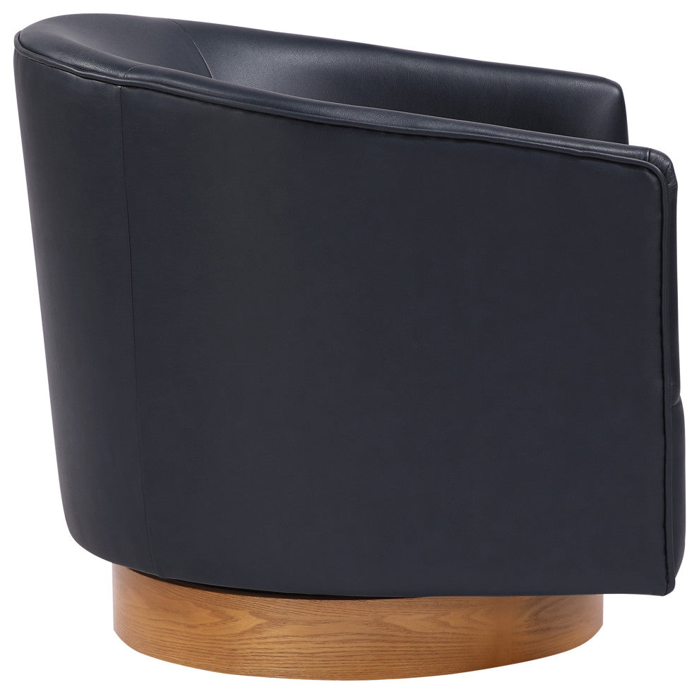 Irving Faux Leather Wood Base Barrel Swivel Chair, Midnight Blue
