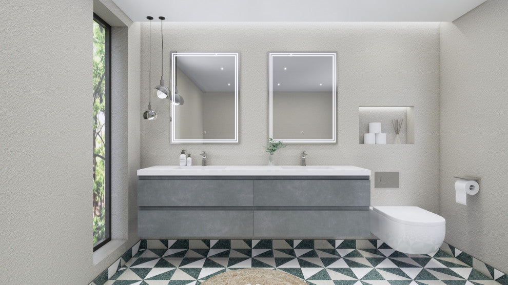 Belli 84" Double Sink Wall Mount Vanity Set, Cement Gray, Glossy White Top