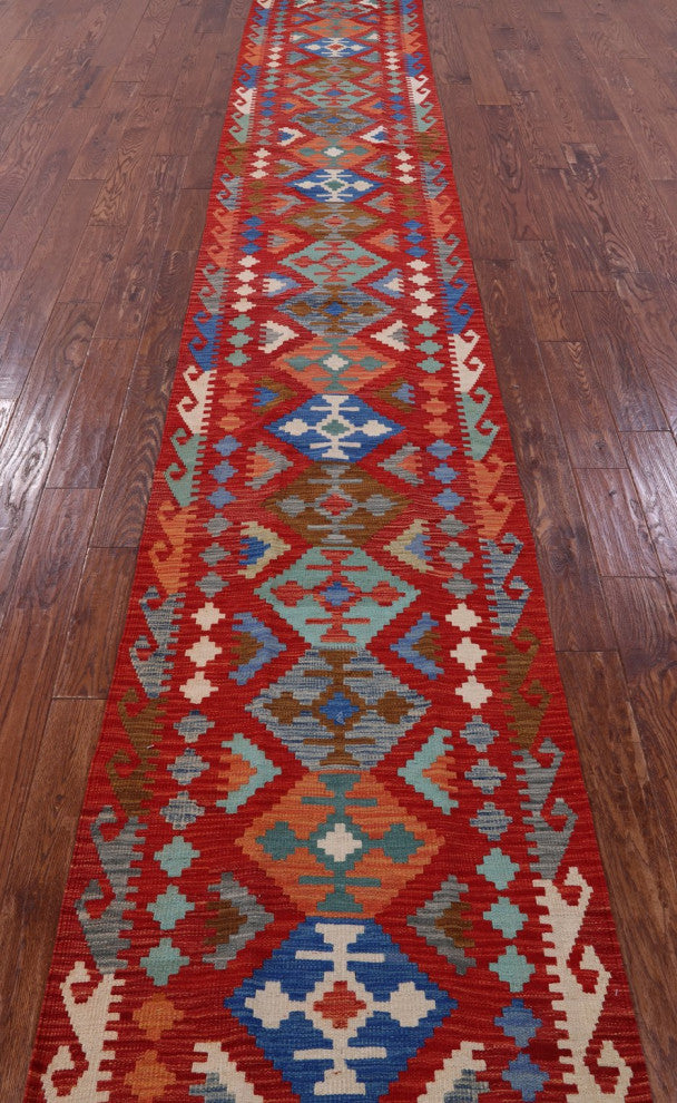 2' 7" X 15' 11" Runner Kilim Flat Weave Reversible Wool On Wool Rug - Q12556