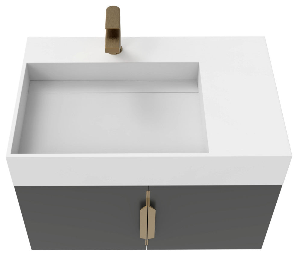 CastelloUSA Amazon 30" Left Wall Mounted Bathroom Vanity Set, Black, White Top, Gold Handles