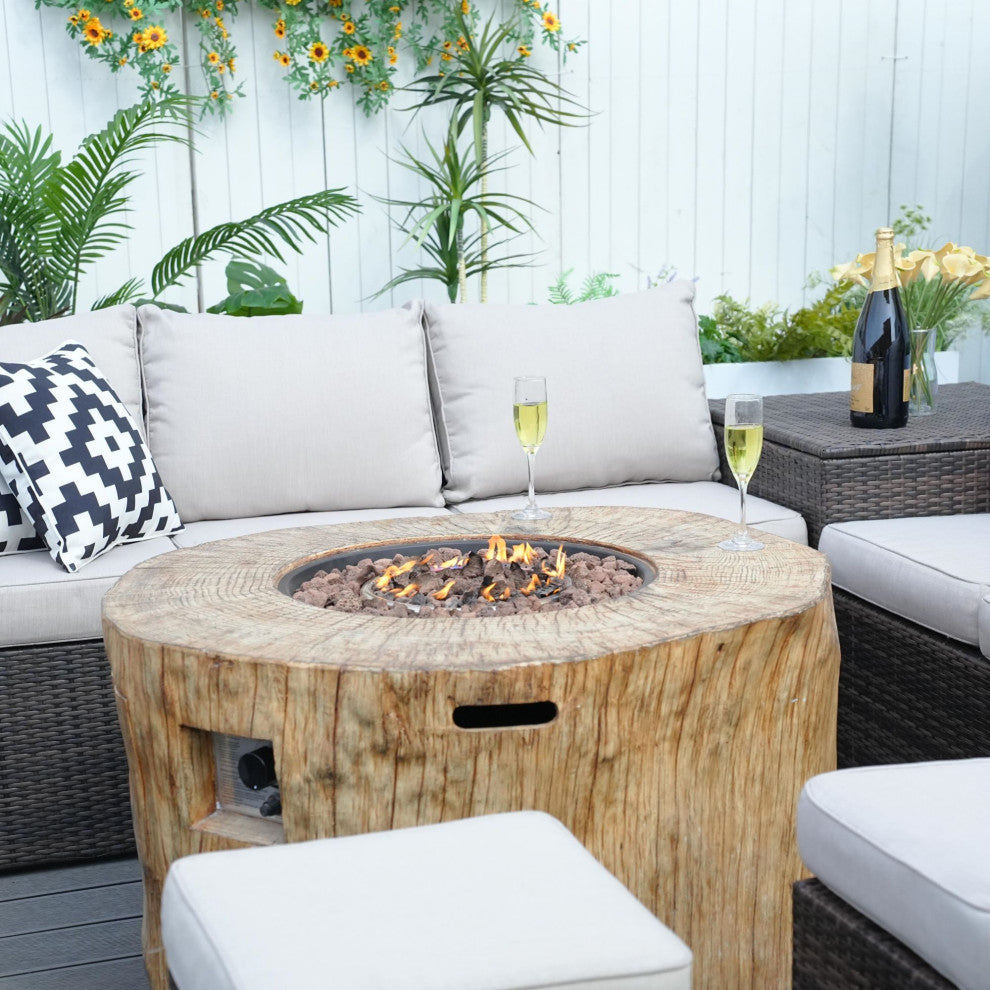 7-piece Patio Wicker Garden Chat Sofa Set with Fire pit and Storage Box, Round